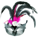 Karnevalsmaske Schwarz-Pink mit Federn
