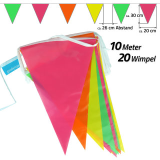 Goodymax® Wimpelkette 10 m Farbmix - 4 Farben - Pink Orange Gelb Grün