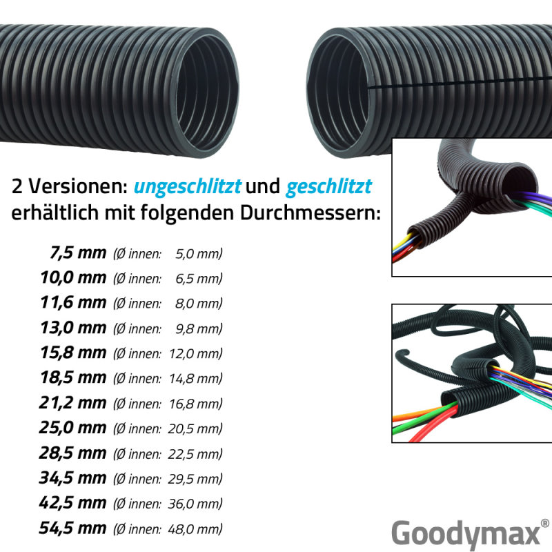 SeKi flexibles Wellrohr Innen-Ø 12mm 20 Meter geschlitzt Marderschutz Leerrohr 