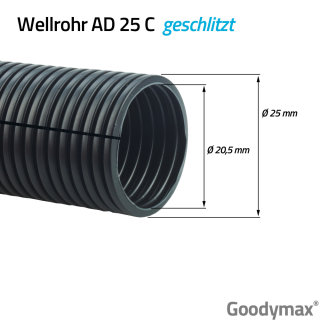 Wellrohr GESCHLITZT Außendurchmesser 25 mm - Meterware
