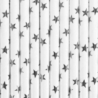 Papier-Trinkhalme Weiß mit silbernen Sternen 10 Stück