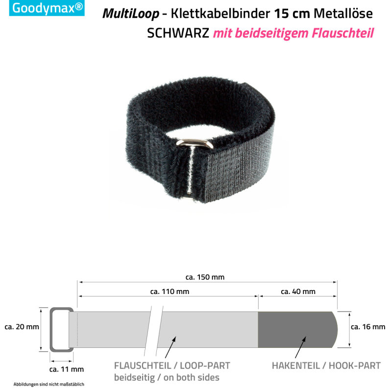 Klett-Kabelbinder 20 Cm X 20 Mm – 20 Stück, Schwarz, Wiederverwendbar Mit Metall-Öse