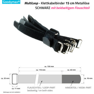10 x Goodymax® MultiLoop Klettkabelbinder 15 cm Metallöse schwarz