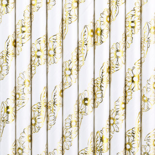 Papier-Trinkhalme Weiß mit goldenen Blumen 10 Stück