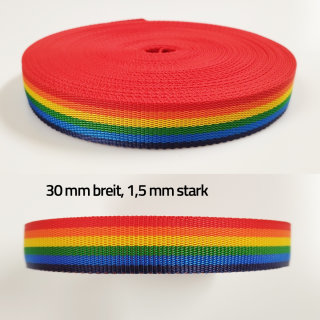 Ausverkauf Gurtband Regenbogen 1,5 mm stark 30 mm breit 25 Meter